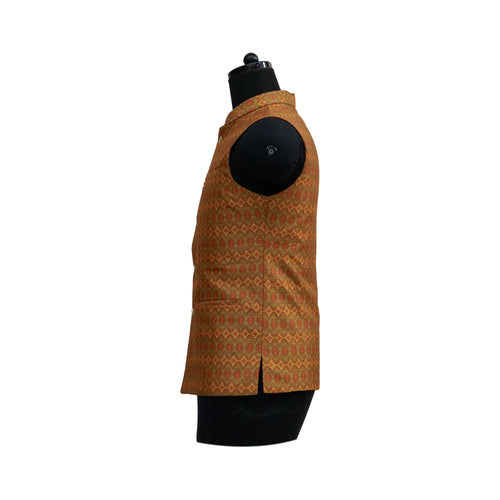 Stylish Orange Nehru Jacket with Intricate Gold Geometric Motifs | Perfect Sleeveless Vest for Men