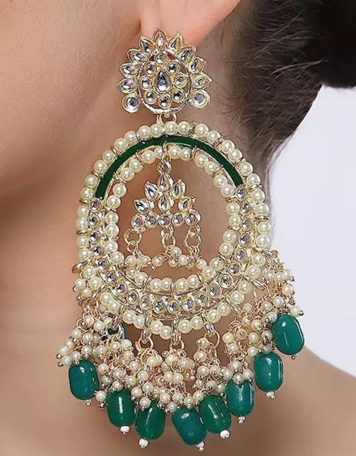 Luxury Kundan Pearl Chandbali Earrings, Green Drops Traditional Wedding Statement Earrings, Traditional Indian Wedding Jewelry (Set of 1)