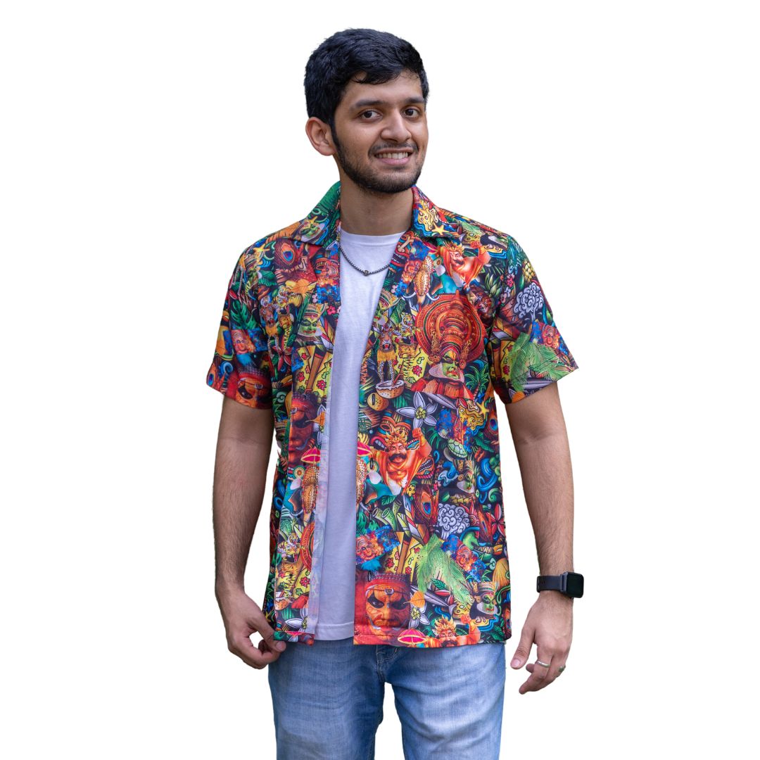 Dark Kerala Art Notch Collar Shirt, Half Sleeve, Traditional Men's Shirt, Comfortable Cotton Shirt with Kerala Art (Size 40, Dark)