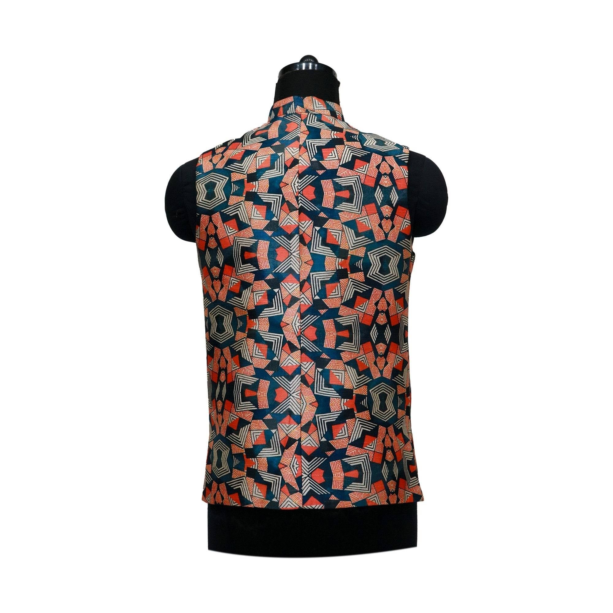 Handmade men's Nehru jacket in blue with a geometric orange and white print, shown on a mannequin. Perfect for parties or ethnic events.