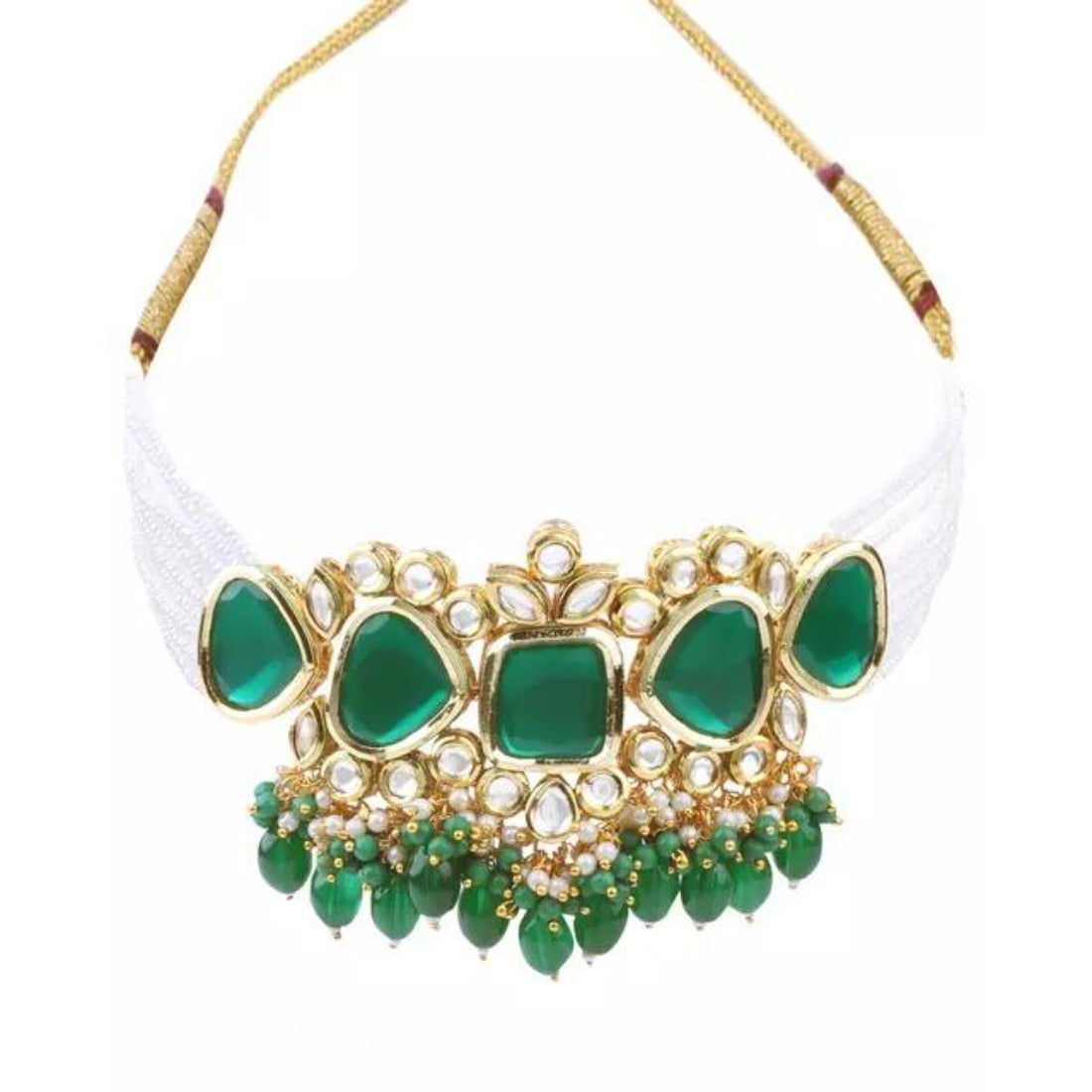 Elegant Green and Gold Indian Kundan Choker Necklace and Earring Set, Traditional Indian Wedding Jewelry (Set of 2)