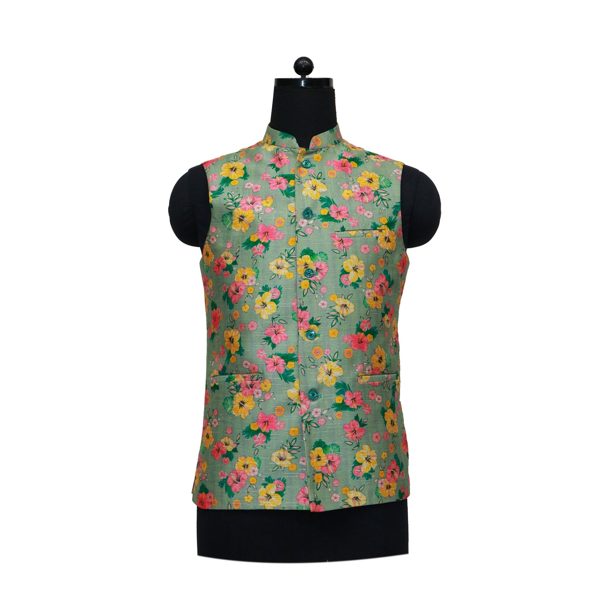 Handmade sage green floral Nehru jacket, perfect for parties or as a stylish gift.