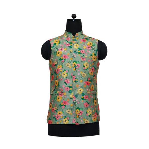 Green Nehru Jacket with Vibrant Floral Print | Stylish Sleeveless Vest for Weddings & Festive Events