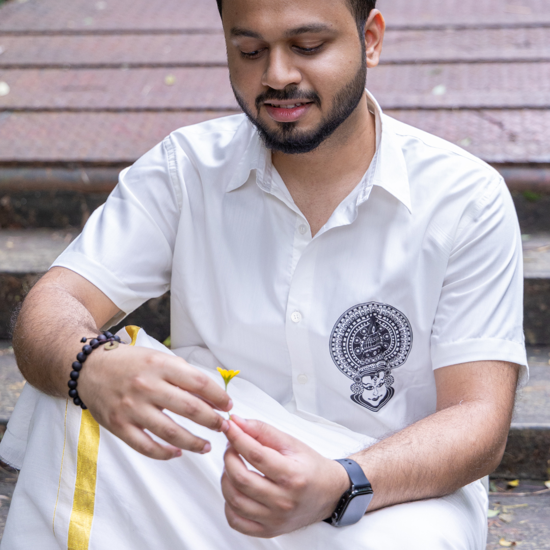 Elegant Kathakali Shirt, Half Sleeve, Men's Traditional Kerala Shirt, Comfortable Cotton Shirt for Festive Wear (Size 40, Off White)