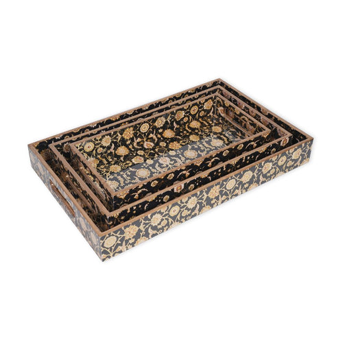 Decorative Nesting Trays with Handles, Wooden Tray for Coffee Table, Multicolor decorative trays, Rectangular floral design, Serving trays for snacks (Black & Gold - Set of 3)