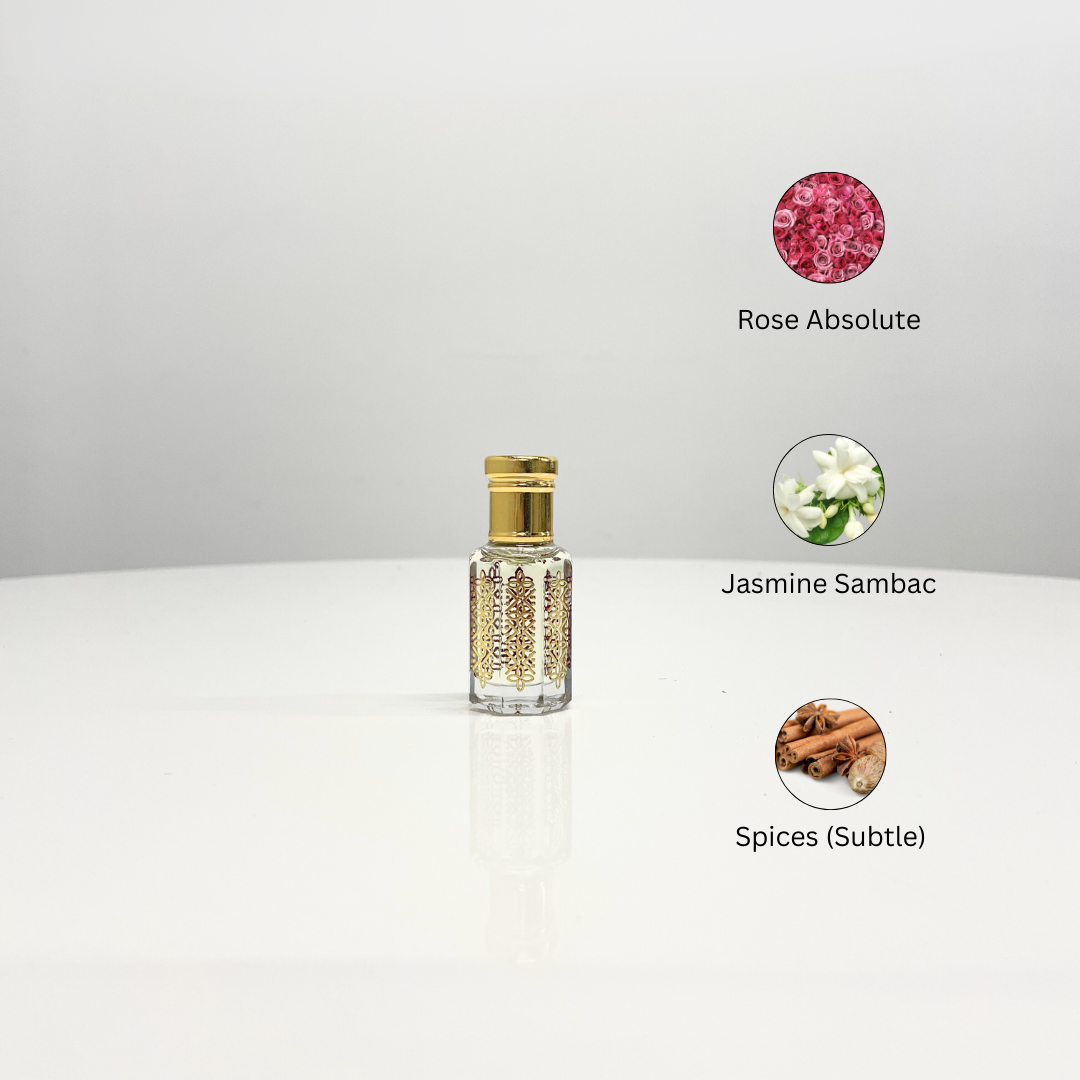 Hyatt Attar Unisex perfume bottle with gold accents, featuring notes of rose, jasmine sambac, and subtle spices.