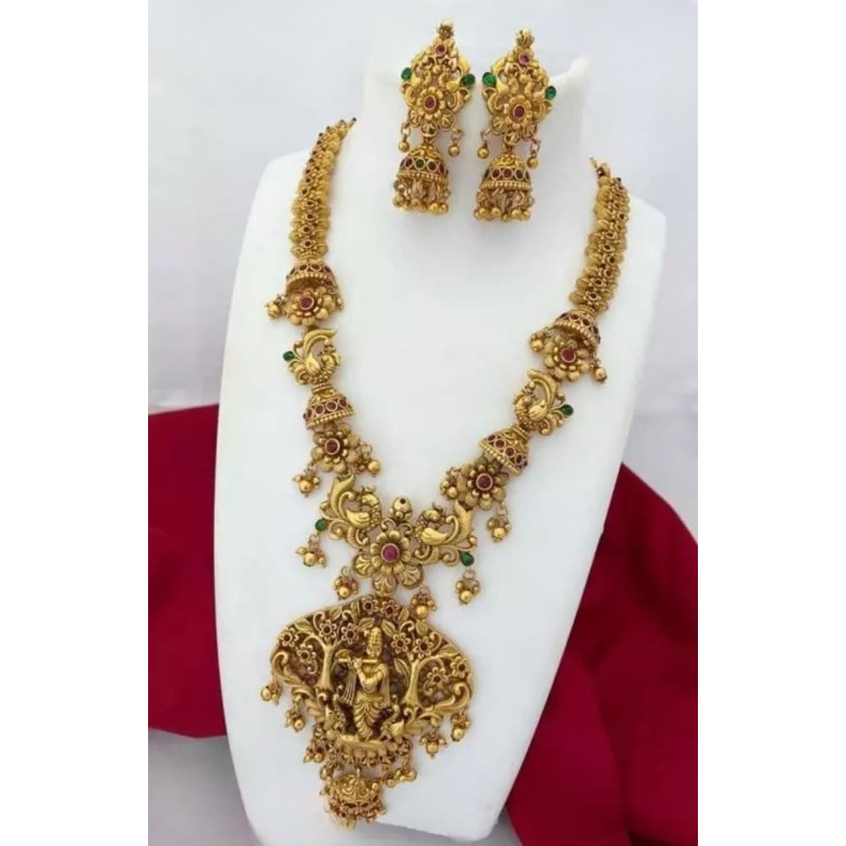 Antique Gold Krishna Pendant Necklace Set - Traditional Temple Peacock Design Jewelry, Jhumka Earrings, Traditional Indian Wedding Jewelry (Set of 2)