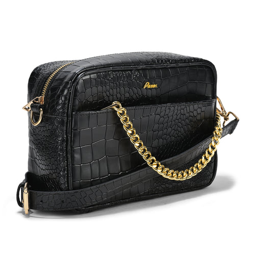 Genius Croc Leather Cross Body, Elegant Black Leather, Compact and Stylish, Ideal for Daily Use (Black)