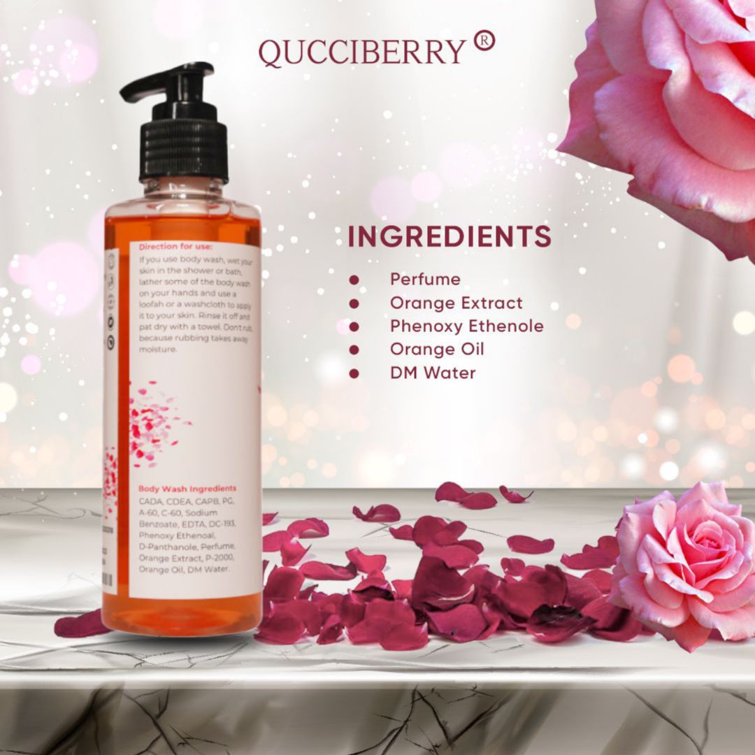 Qucciberry Rose Bodywash – Nourishing, Moisturizing Shower Gel with Natural Ingredients, Long-Lasting Floral Aromatic Blend of Rose, Fruits, and Herbs for Soft, Smooth Skin, Unisex,  200 ML