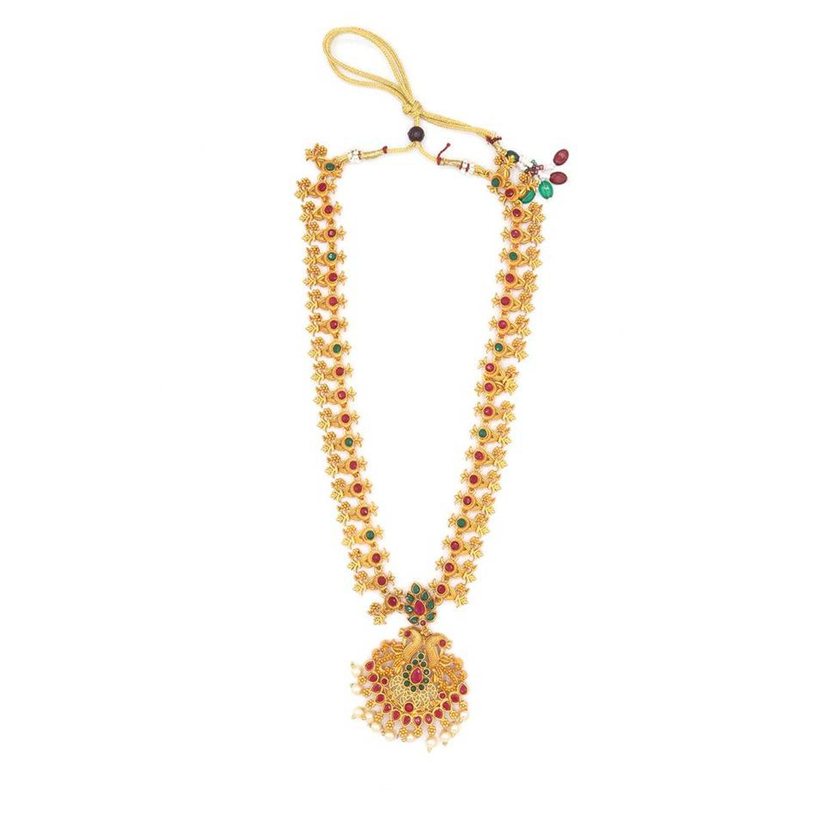 Traditional Gold-Plated Temple Jewelry Set, Peacock Design, Pearls & Red-Green Stones, Traditional Indian Wedding Jewelry (Set of 2)