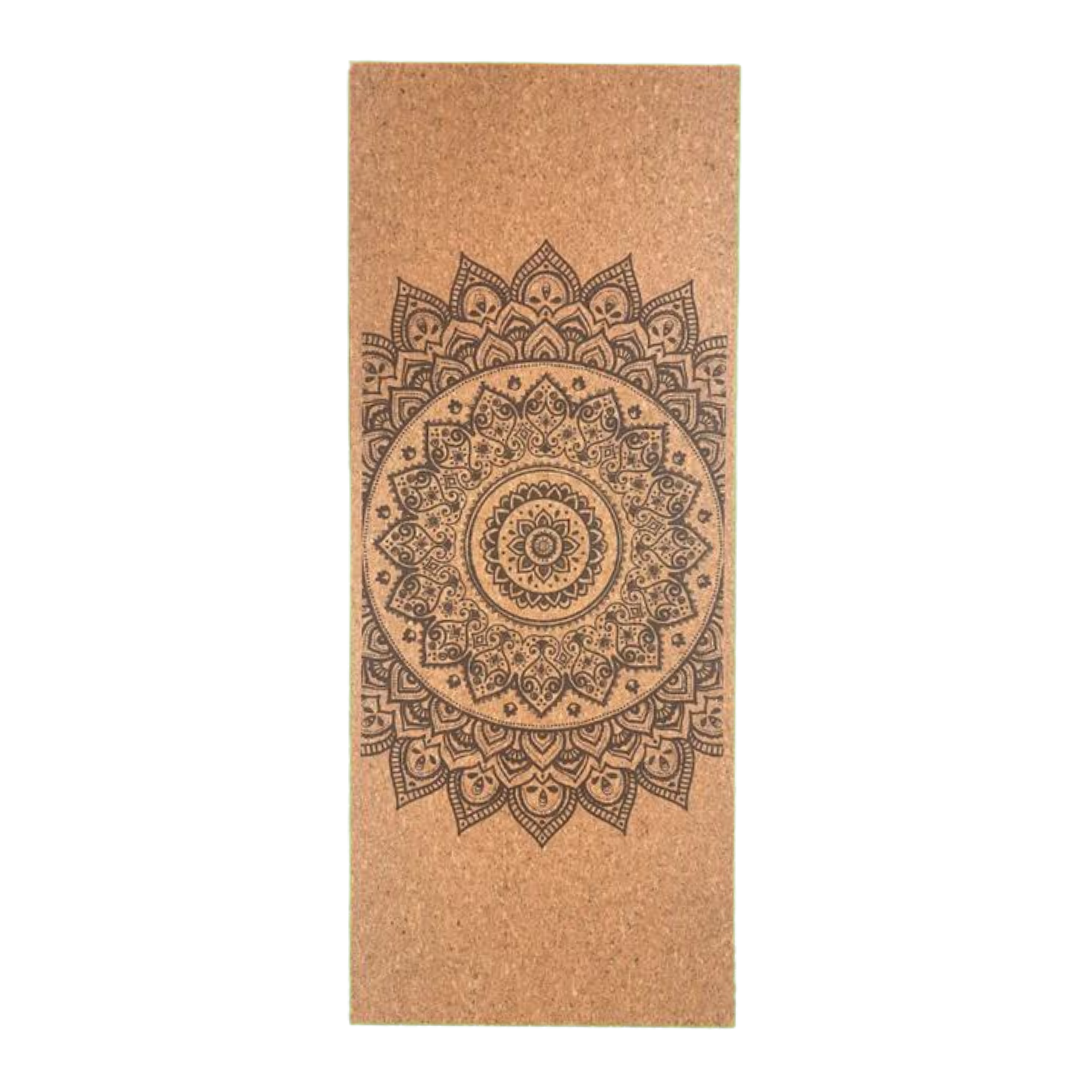 Eco-friendly cork yoga mat featuring a beautiful mandala design. Durable, anti-skid, and premium quality for your yoga practice.