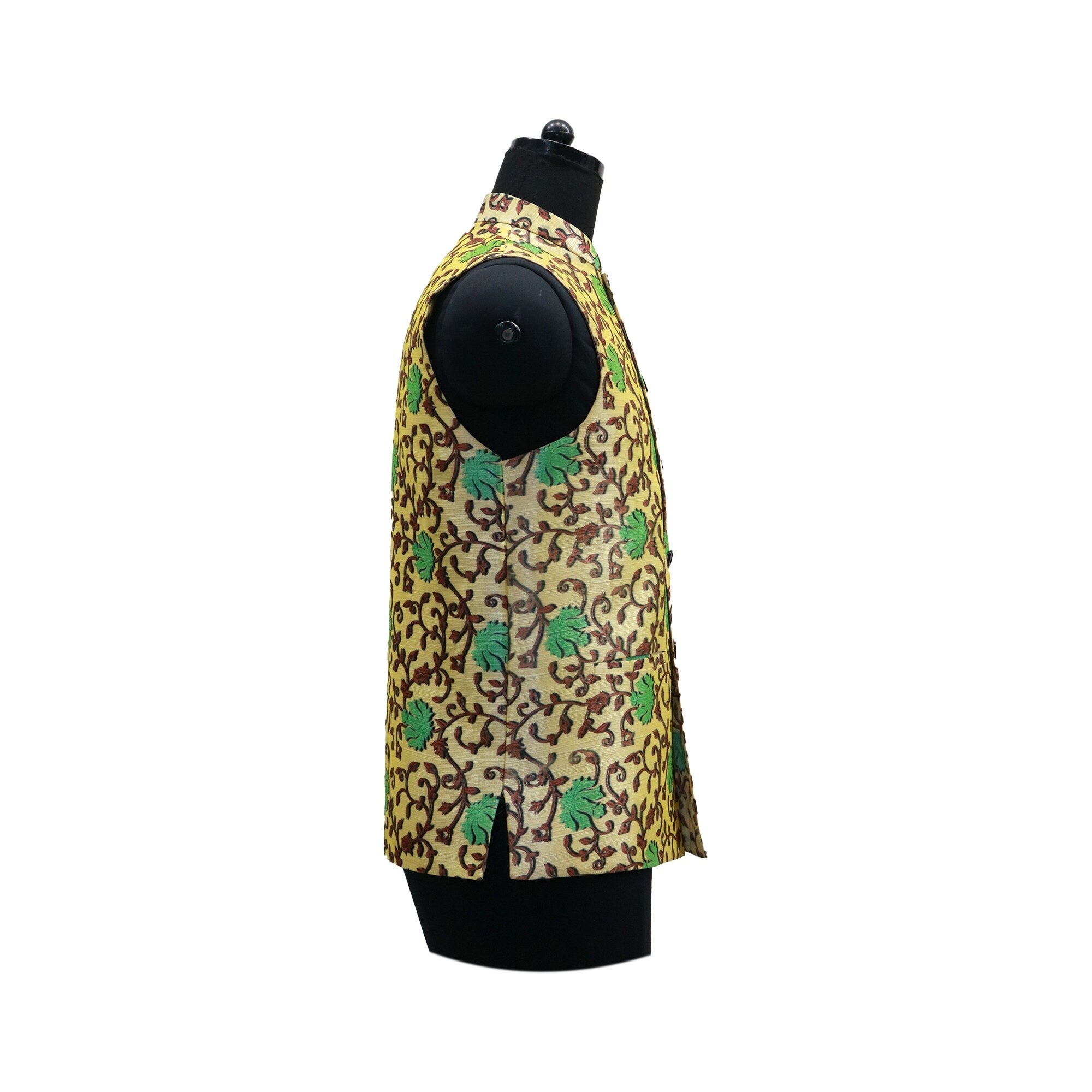 Handmade yellow floral Nehru jacket, side view on mannequin. Perfect for ethnic parties or special events.