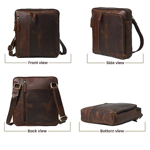 Stylish, top-grain leather mini messenger bag for men. Features 4 zipper pockets and an adjustable buckle strap. Perfect for office or travel.