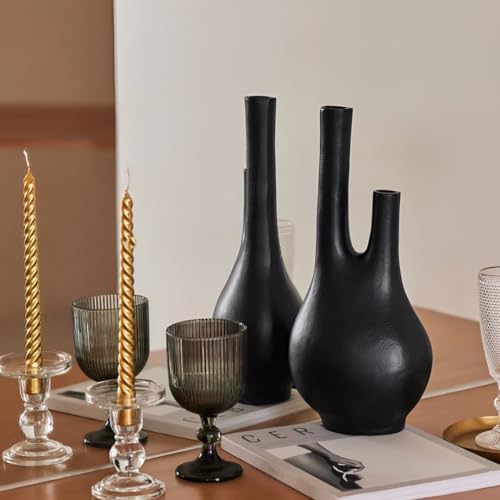 Vase à double col en métal vieilli noir mat | Vases à fleurs faits à la main pour la décoration intérieure