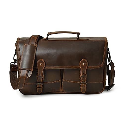 Classic handcrafted brown leather laptop bag with adjustable shoulder strap, shown from the front with pockets and buckles visible.