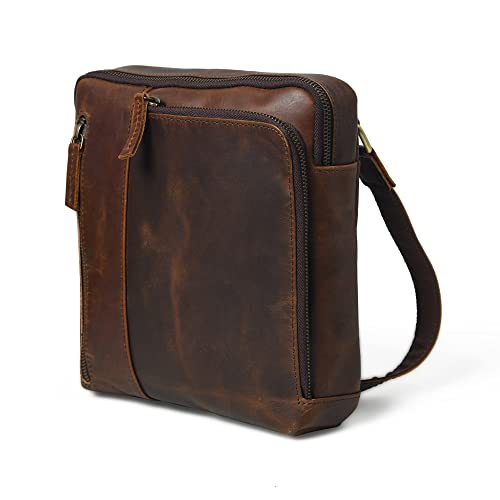 Stylish brown leather messenger bag with multiple zipper pockets and an adjustable strap. Perfect for men's office or travel needs.