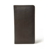 A sleek, dark brown leather men's bifold wallet, standing upright against a white background.