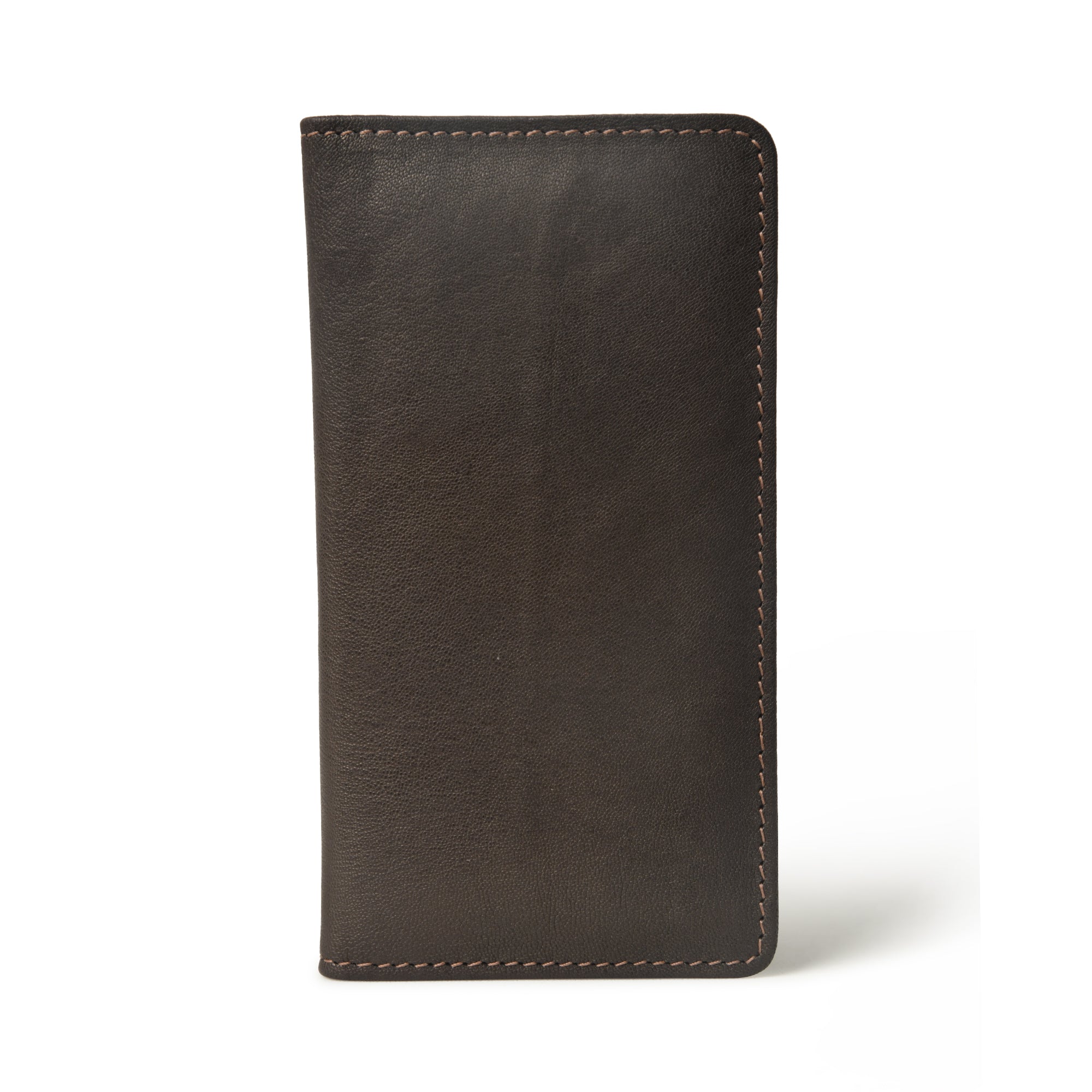 A sleek, dark brown leather men's bifold wallet, standing upright against a white background.