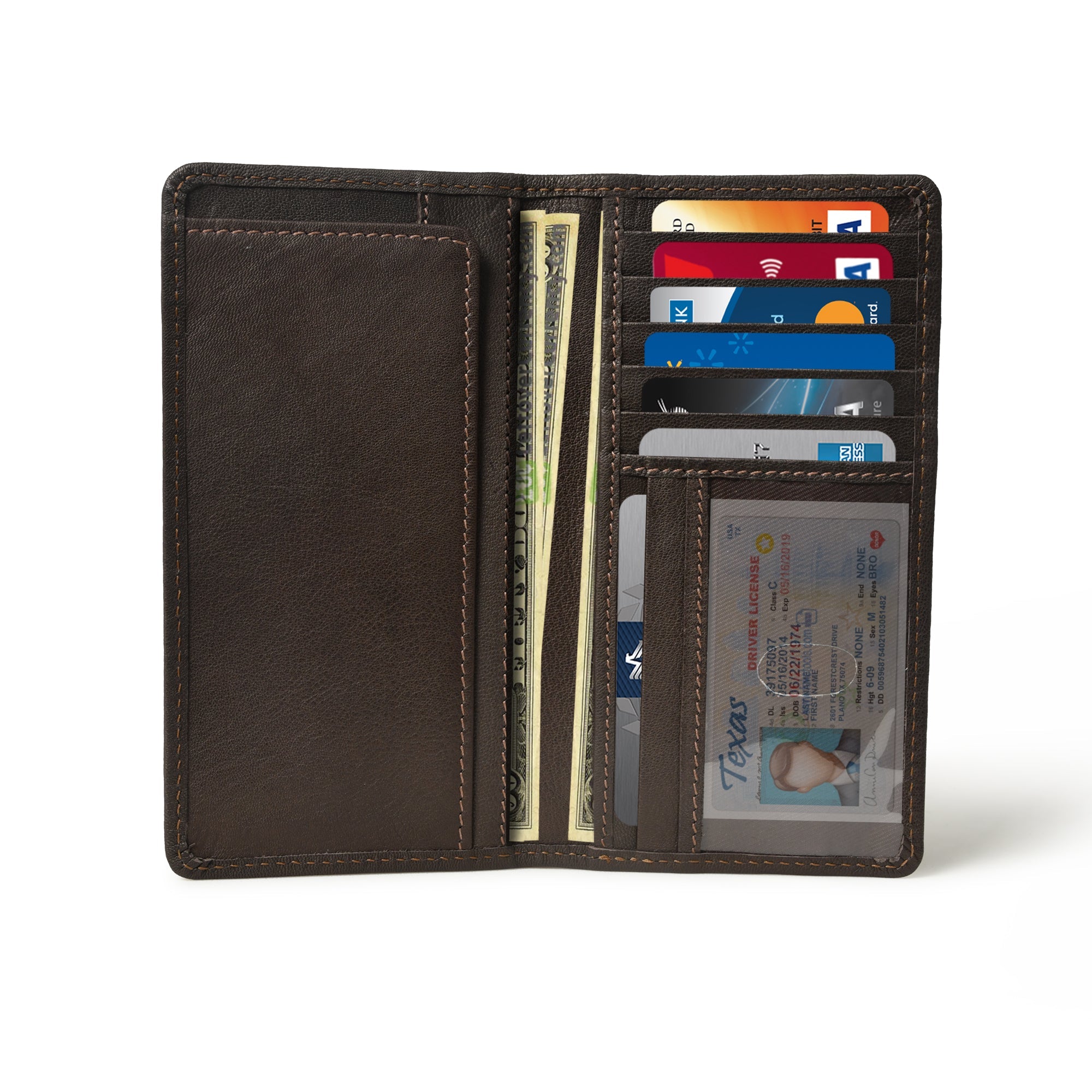 Open brown leather bifold wallet with multiple card slots, ID window, and cash compartment.