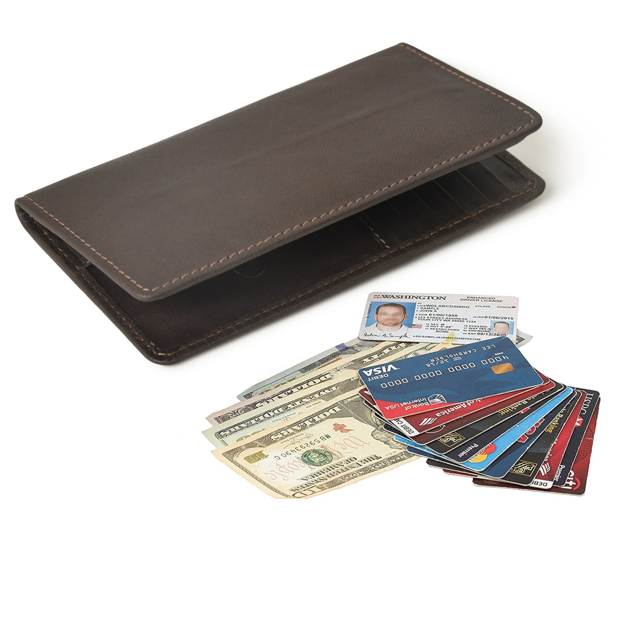 A brown leather bifold wallet open to display its multiple card slots and cash compartment, showcasing its ample storage capacity.