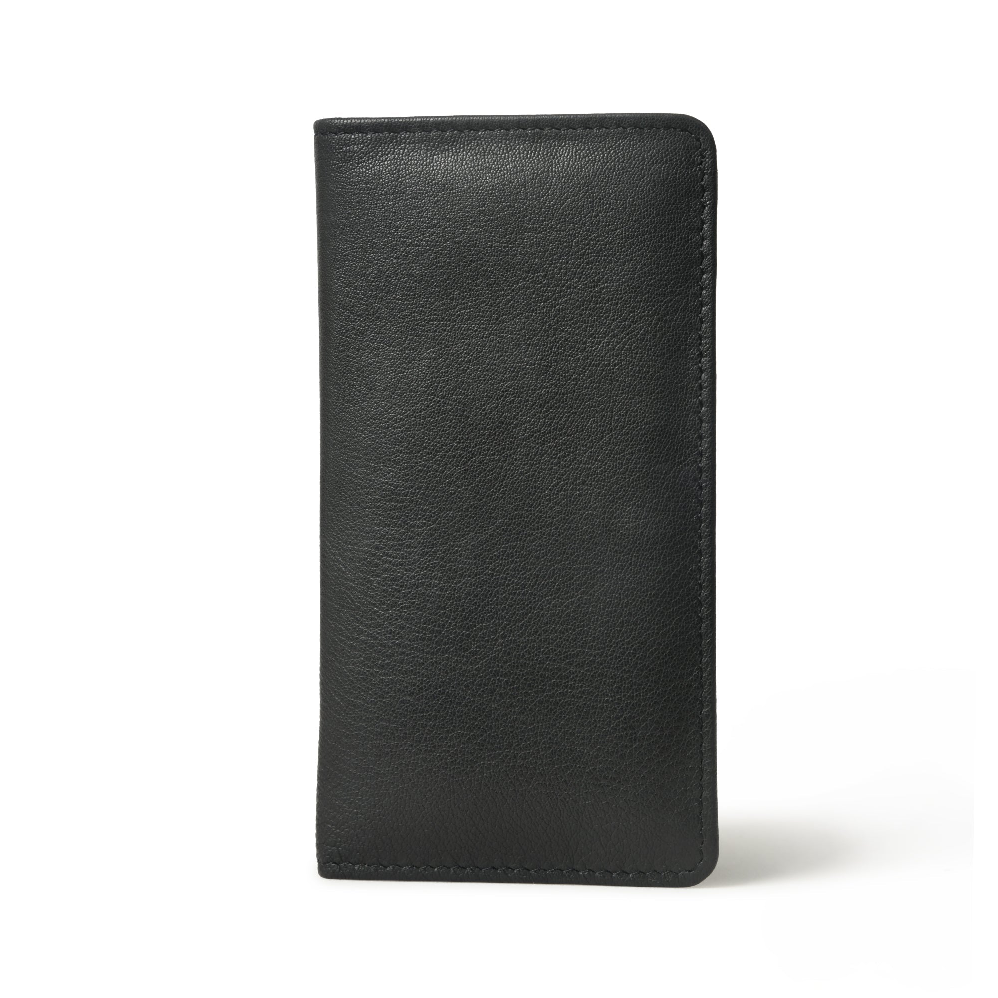 Black leather bifold wallet standing upright.