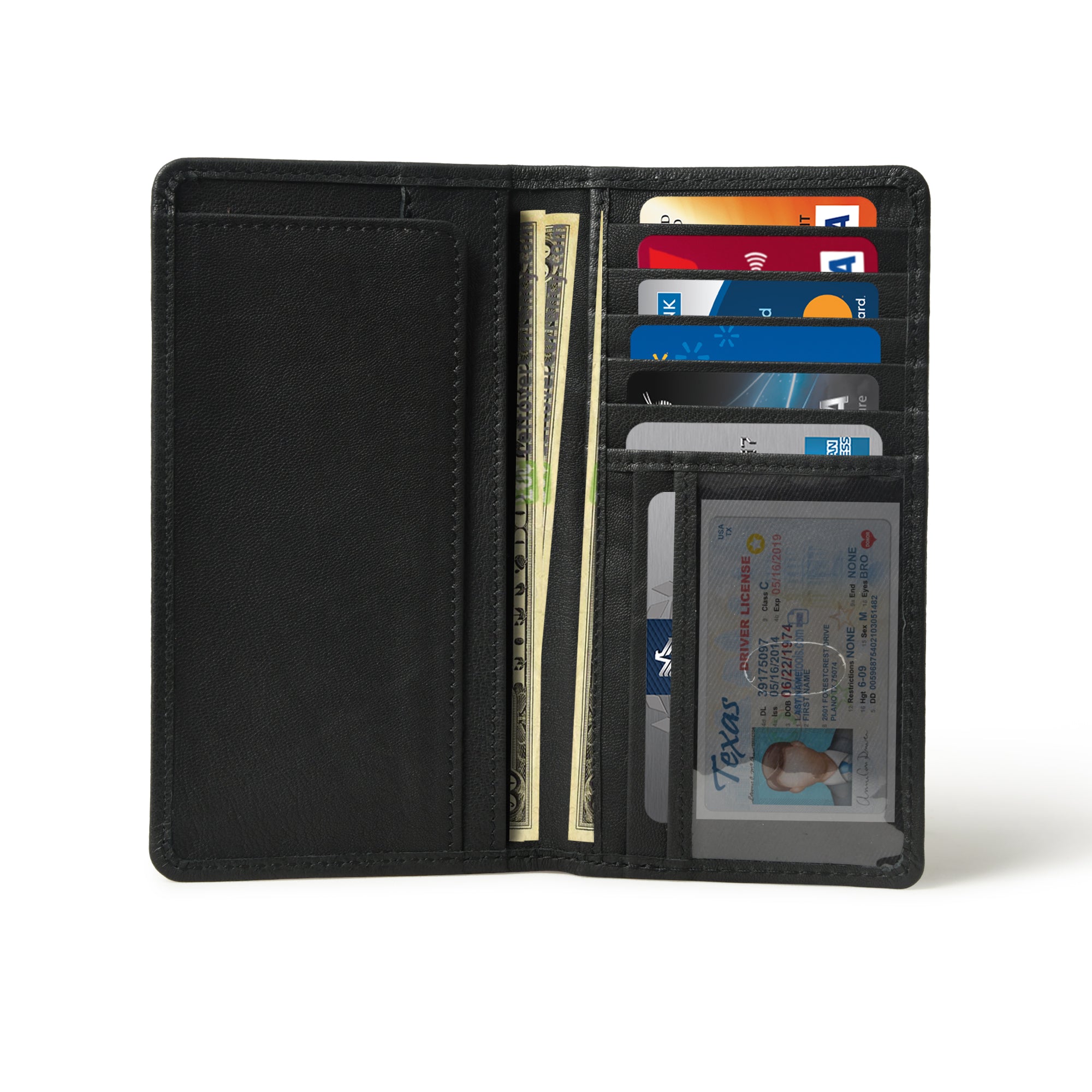 Open black leather bifold wallet with cash, credit cards, and ID displayed in its 11 compartments.