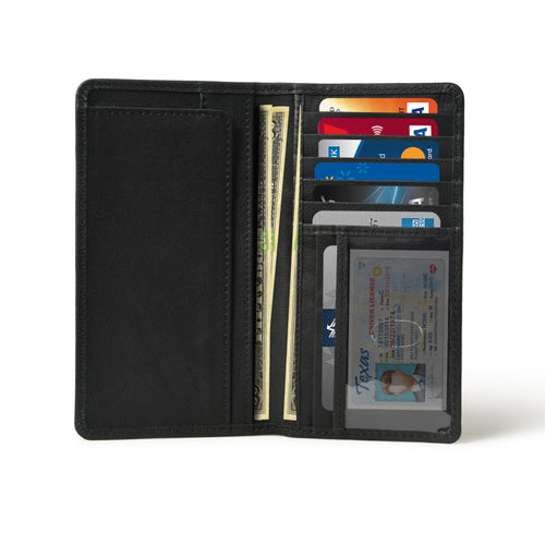 Long Bifold Full Grain Leather Wallet for Men with 11 Compartments - 2 Cash Compartments, 1 Sleeve for Checkbook, 7 Credit Card Slots & 1 ID card slot (Black)