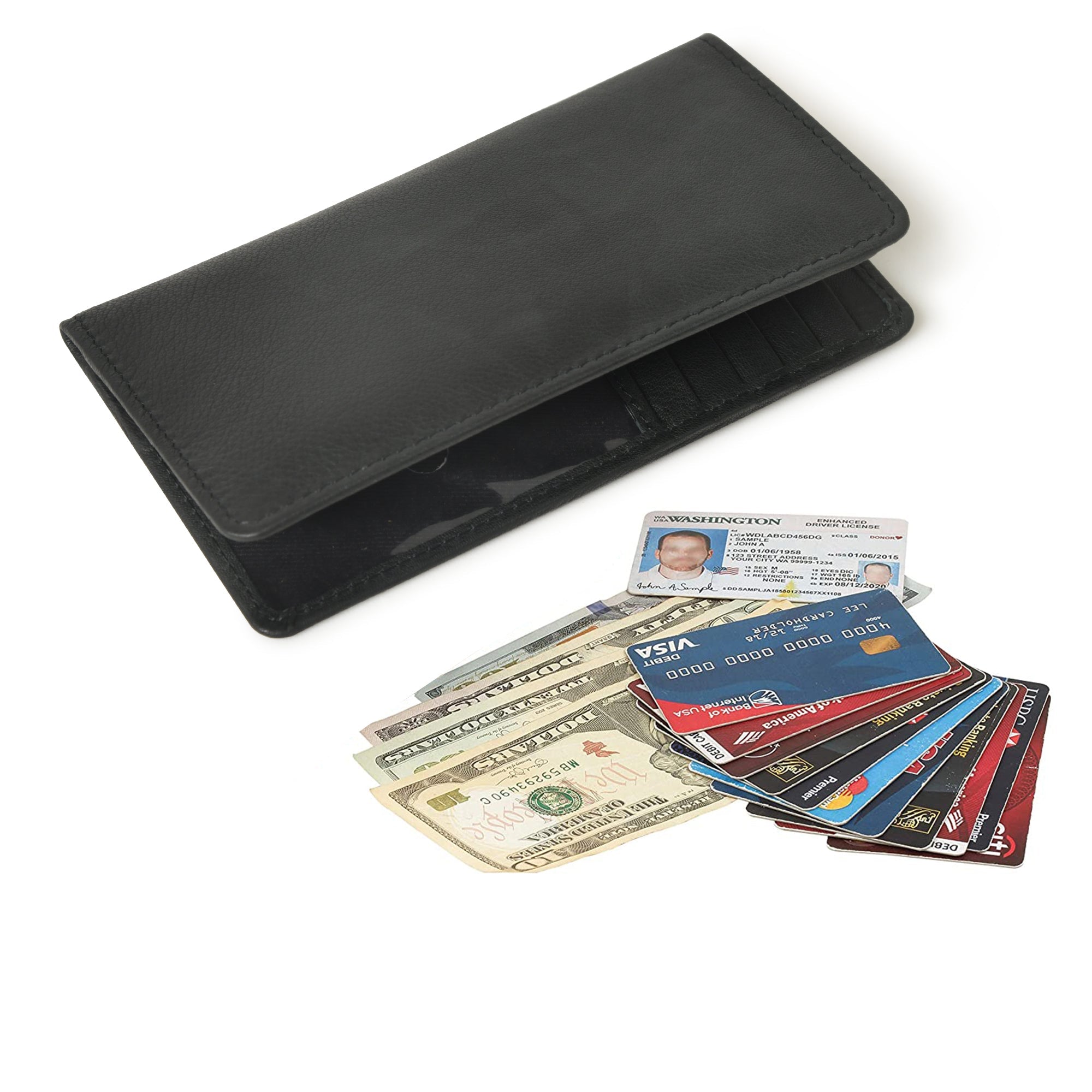 Black leather bifold wallet open and filled with cash and credit cards.