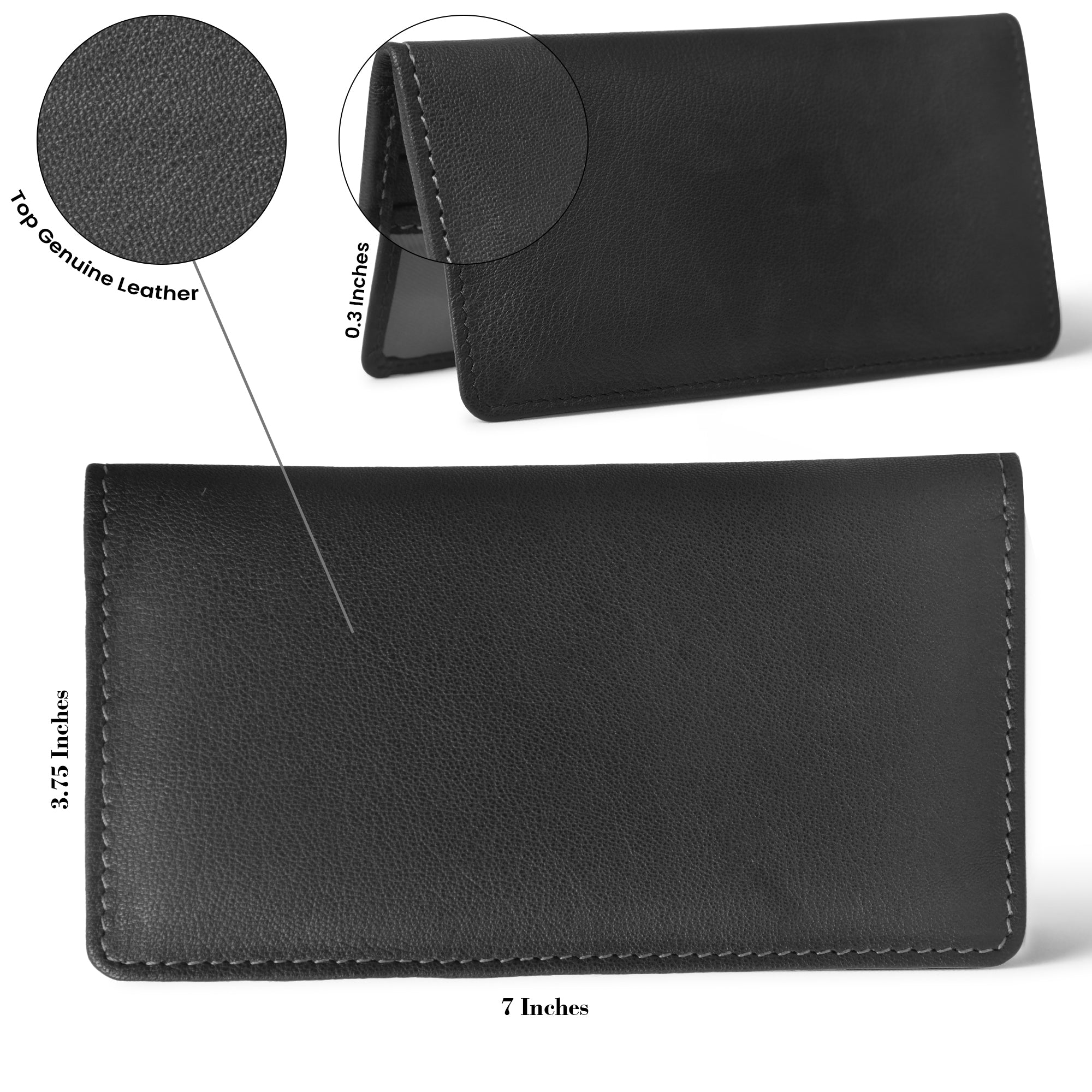 Black leather bifold wallet laid open to show interior lining and multiple credit card slots.