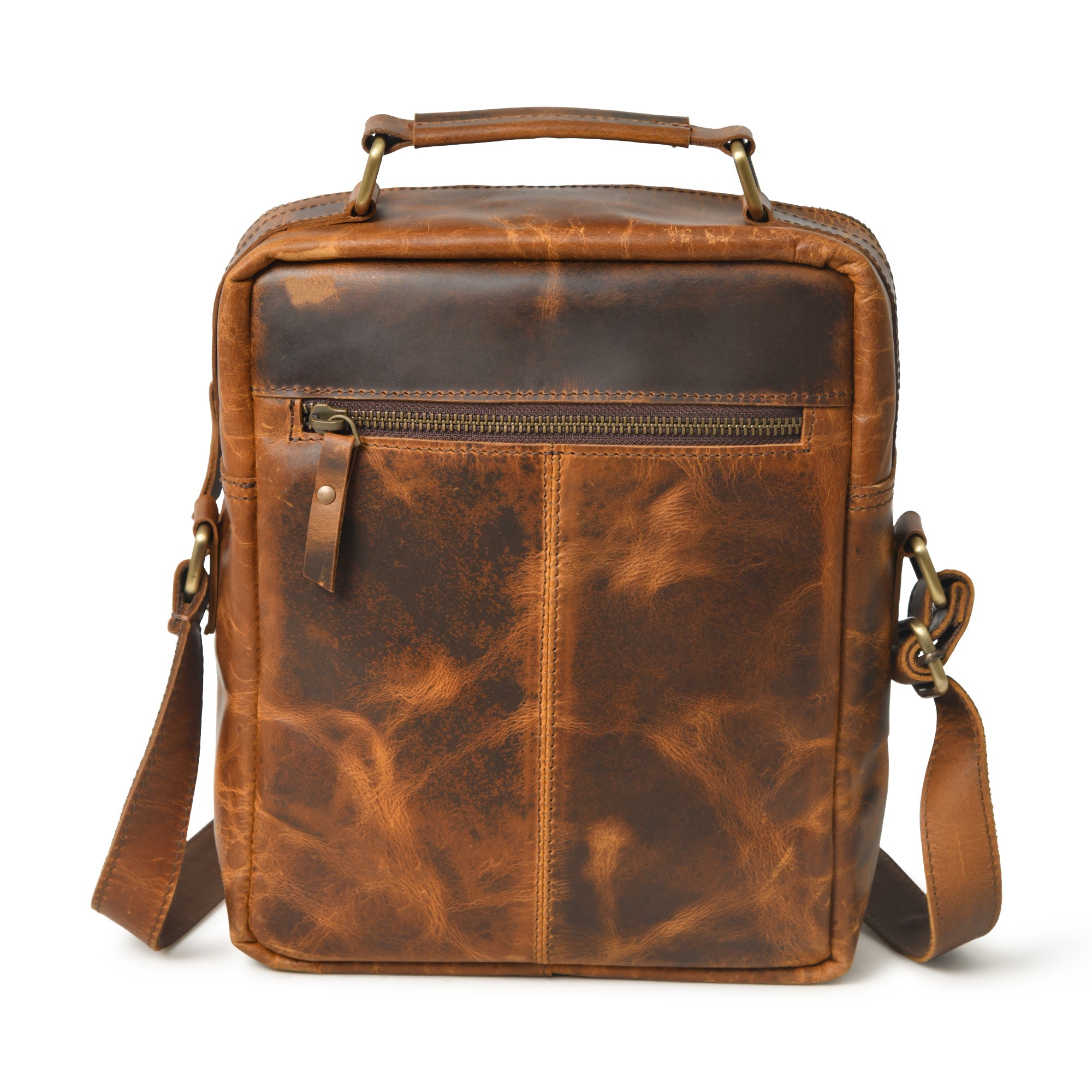 Stylish brown leather crossbody bag for men, featuring a top handle, adjustable strap, and multiple zipper pockets for secure storage.