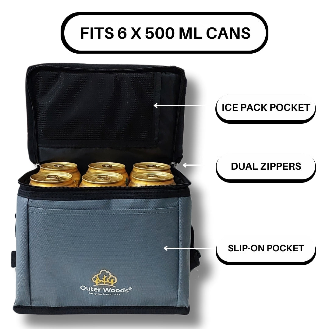 Outer Woods Insulated 6 Can Cooler Bag | Fits 6 x 500ml Beer Cans | Keep Cans Cool for up to 10 Hrs | with 2 Units of Ice Gel Packs