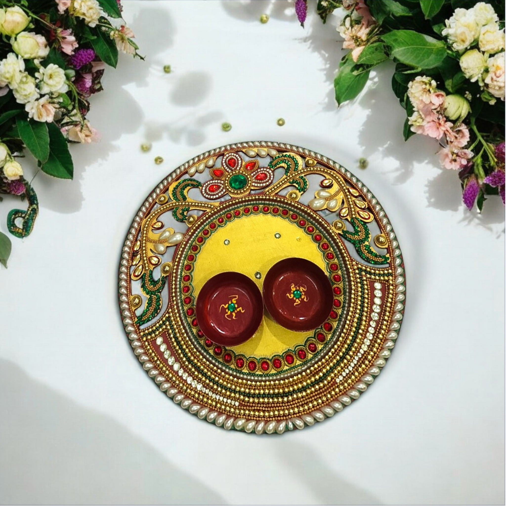 Handcrafted Wooden Pooja Thali with Decorative Design | Traditional Round Thali for Home with Bead & Gemstone Detailing - 9.5 Inch