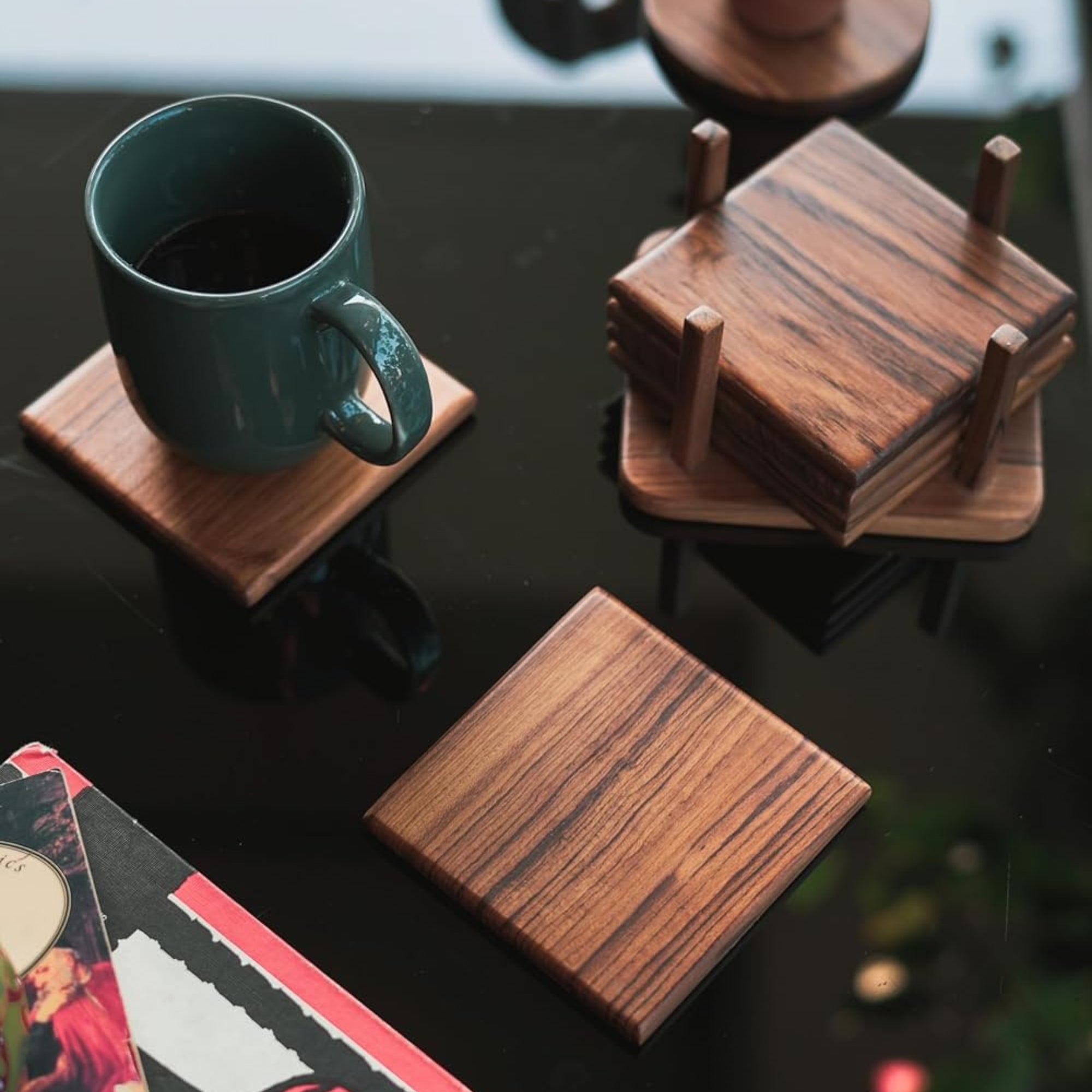 old trunk | Square Wooden Coasters (Set of 6 with 1 Coaster Stand) | Handcrafted | Premium Valsadi Teak Wood | Home and Kitchen Accessories | Dining Table Decorative (Brown, 4inch)