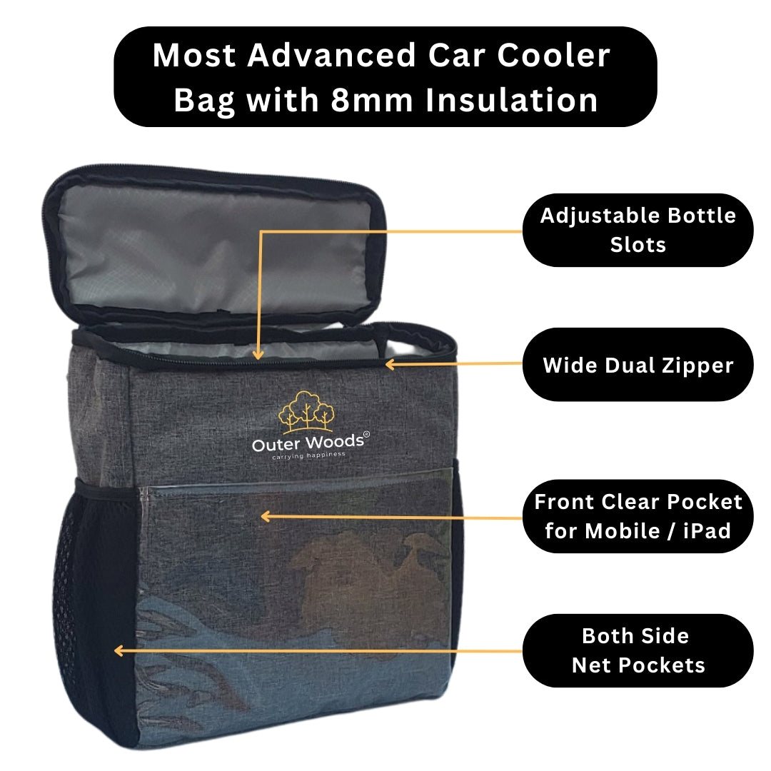 Outer Woods Car Cooler Bag with Adjustable Bottle Slots | Insulated Travel Bag for Cars & SUVs with Side Pockets & 6+ Hours Cooling