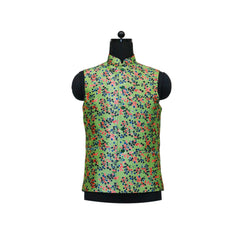 Green Nehru Jacket with Blue and Red Leaf Print | Stylish Sleeveless Vest for Weddings & Festive Occasions