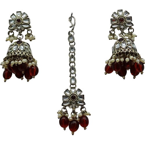 Long Necklace Set, Maroon Beads - Traditional Indian Wedding Jewelry  Earrings & Tikka, Traditional Indian Wedding Jewelry (Set of 2)