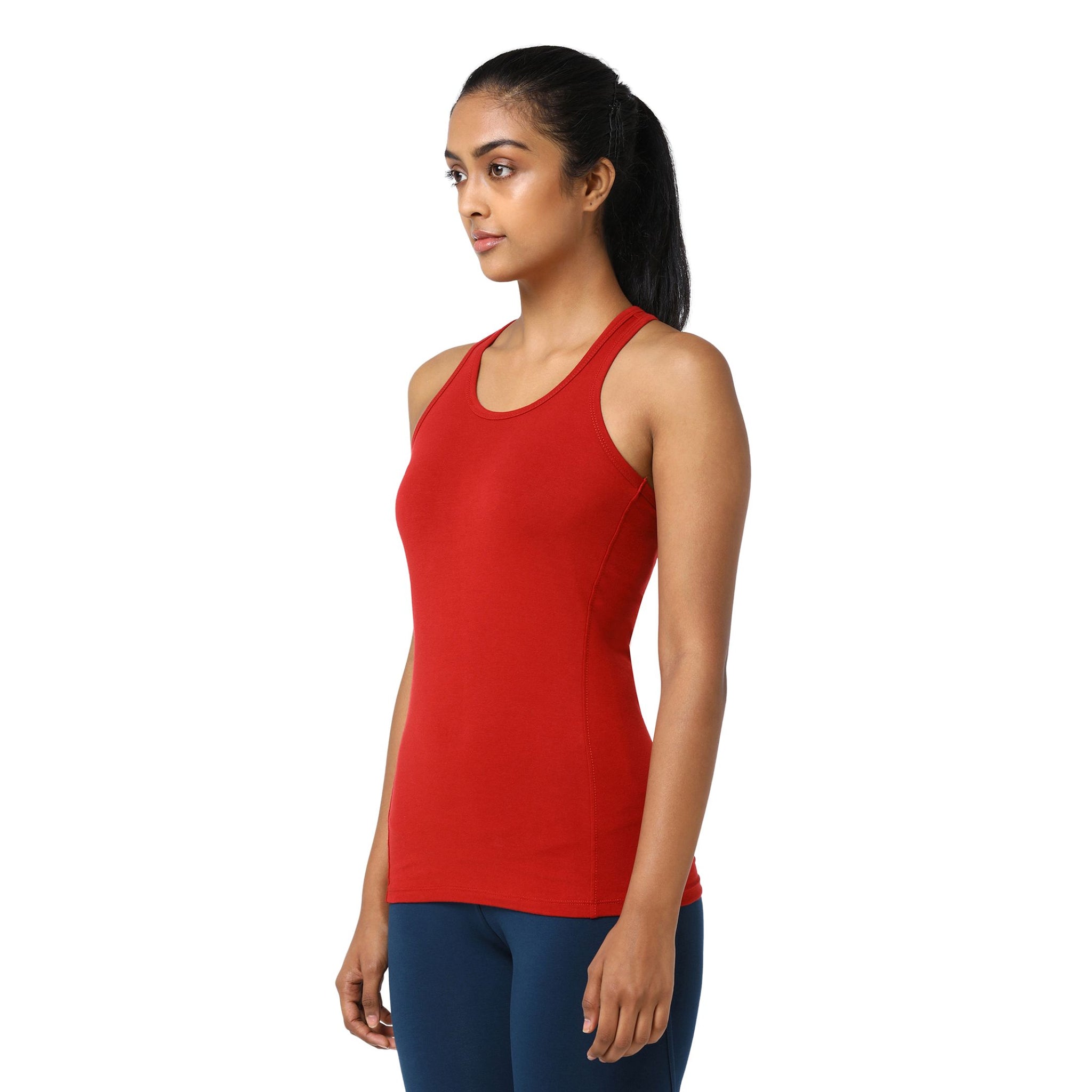 Yoga Racer Back Tank Top with Semi-Snug Fit | Organic Cotton & Lycra® Blend Tank Top with Reinforced Seams | Scarlet