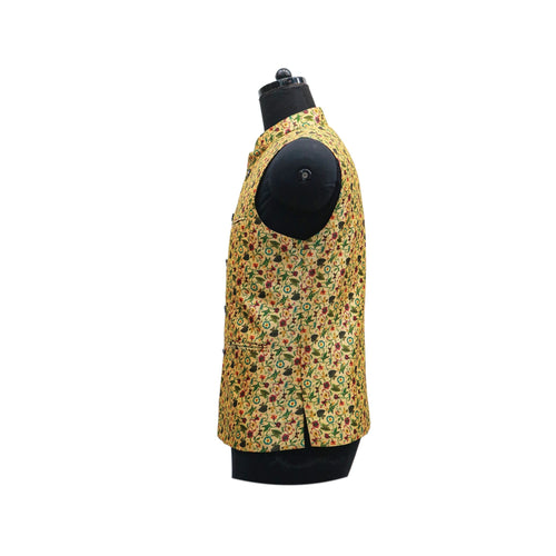 Wedding Waistcoat for Men with Front Pockets | Yellow Ethnic Vest with Floral Design for Special Occasions