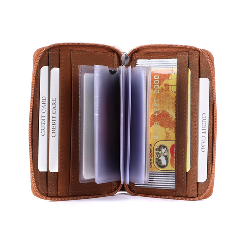 Genuine Leather Card Holder with 16 Card Slots | Unisex Zip Around Wallet with RFID Protection