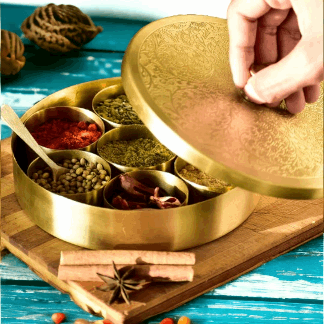 Brass Masala Box with Spoon | Handcrafted Round Spice Box for Kitchen