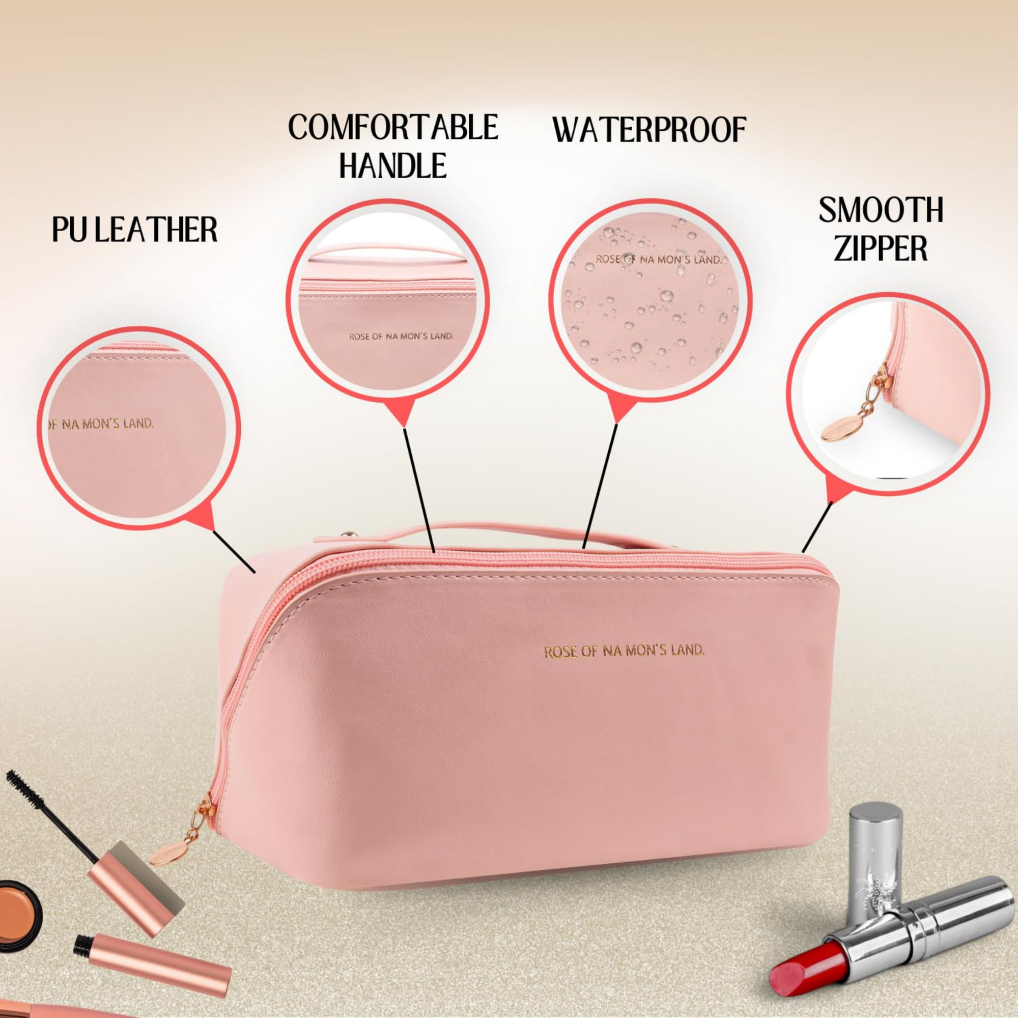 Premium PU Leather Cosmetic Bag with Waterproof Design | Travel-Friendly Makeup Pouch with Spacious Storage & Handle (Pink, 10.5-Inch)