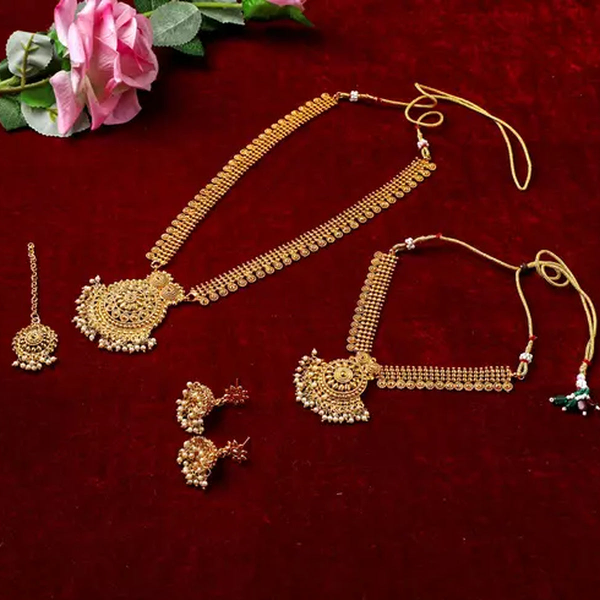 Luxurious Gold-Plated South Indian Bridal Jewelry Set - Necklace, Long Chain, Earrings, and Tikka, Traditional Indian Wedding Jewelry (Set of 2)