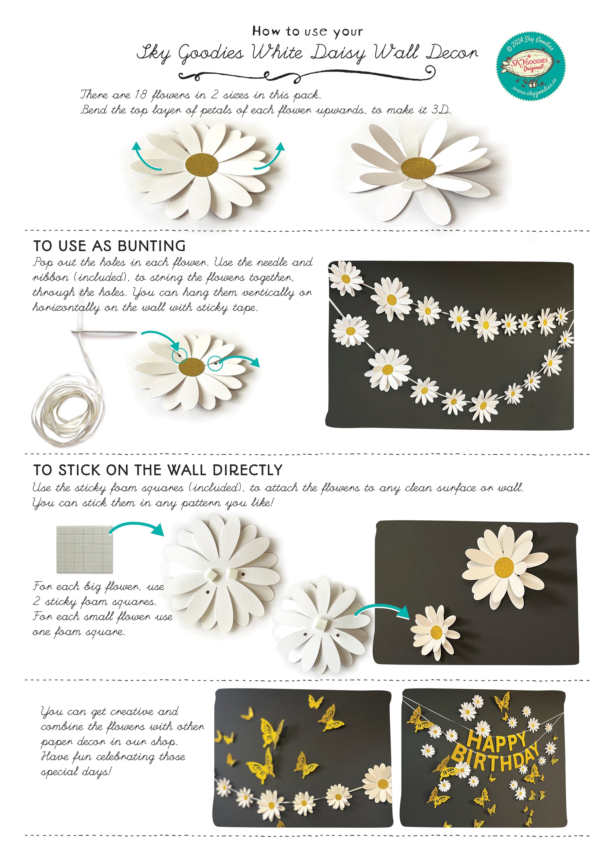 White Daisy Flower Paper Bunting, Decorative Accent, Perfect for Party DÃ©cor, Elegant Floral Design (Set of 10)