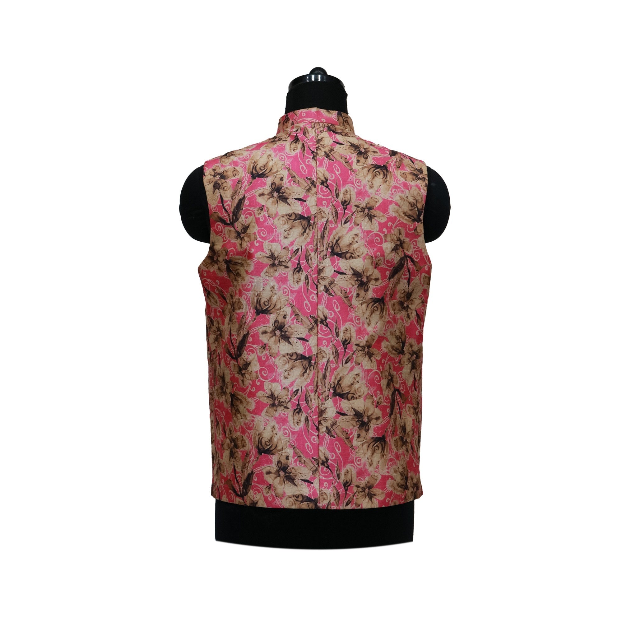 Pink floral Nehru jacket with a mandarin collar, shown on a mannequin. Perfect for parties, ethnic events, or as a gift.