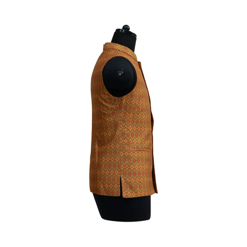 Stylish Orange Nehru Jacket with Intricate Gold Geometric Motifs | Perfect Sleeveless Vest for Men