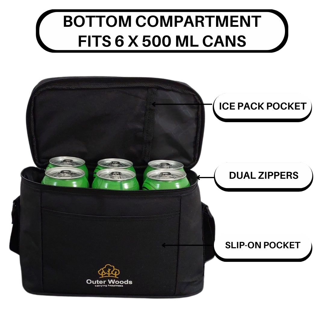 Outer Woods Insulated 6 Can Cooler Bag Dual Compartment| Fits 6 x 500ml Beer Cans & Snacks| Keeps Beer Cans Cool for up to 10 Hours | Ideal for Carrying Food, Beer, Soda, Juice and Milk