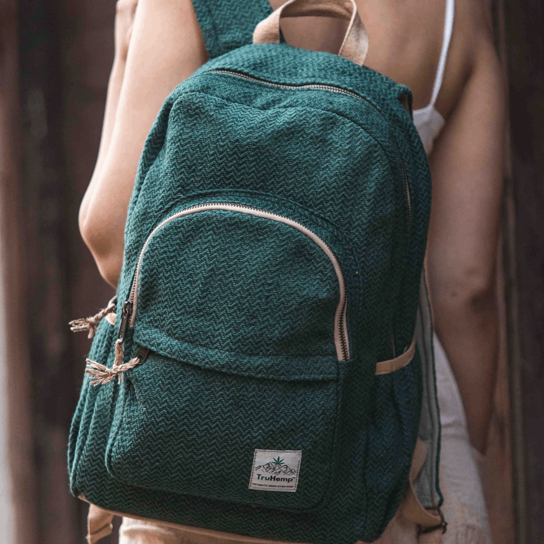 Stylish and sustainable, this forest green hemp backpack features a chevron weave, spacious main compartment, and adjustable straps for comfortable everyday use.