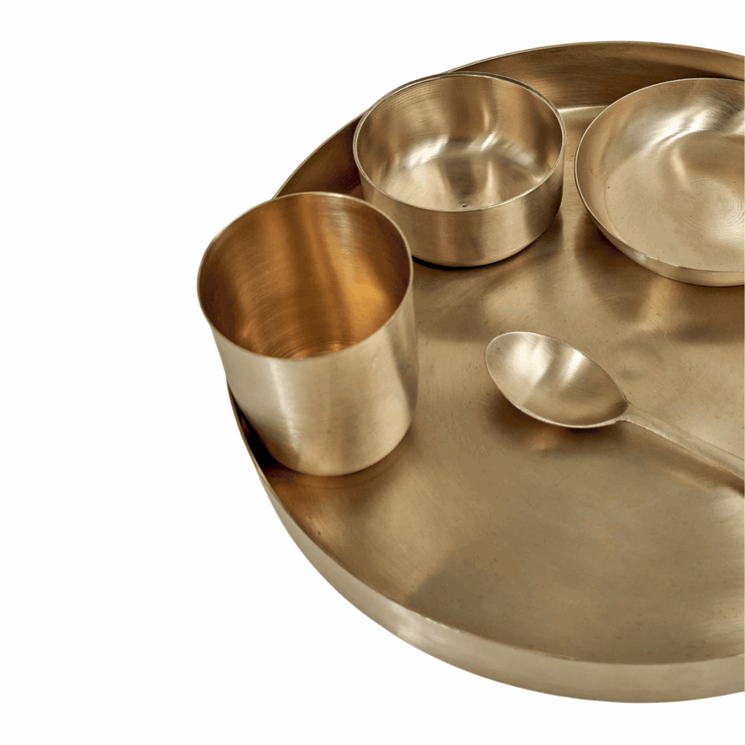 Bronze Dinner Set (6 Pcs) | Handcrafted Bronze Dinnerware - 12 Inch Plate, Glass, Spoon, and 3 Bowls