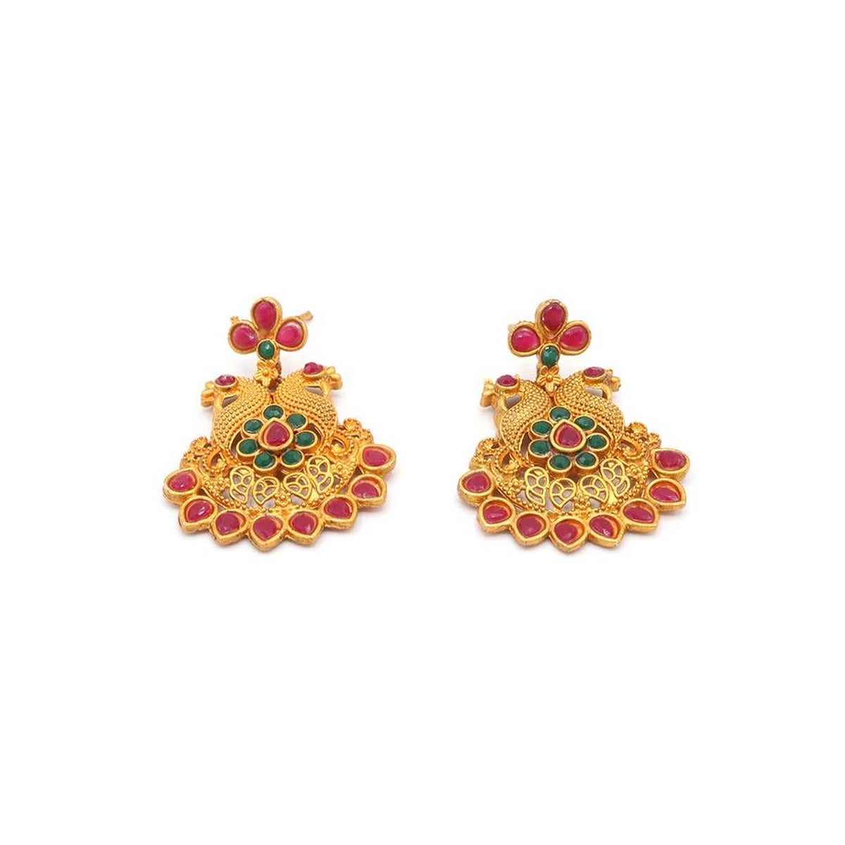 Traditional Gold-Plated Temple Jewelry Set, Peacock Design, Pearls & Red-Green Stones, Traditional Indian Wedding Jewelry (Set of 2)