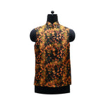 Handmade vintage floral Nehru jacket in black with orange and yellow floral print, displayed on a mannequin.